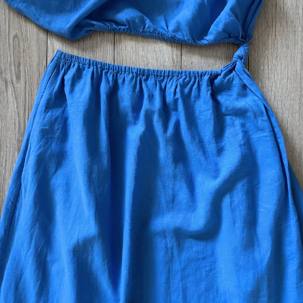 Farm Rio One Shoulder Cutout Blue Linen Maxi Dress Womens XS Coastal Boho - Picture 4 of 16